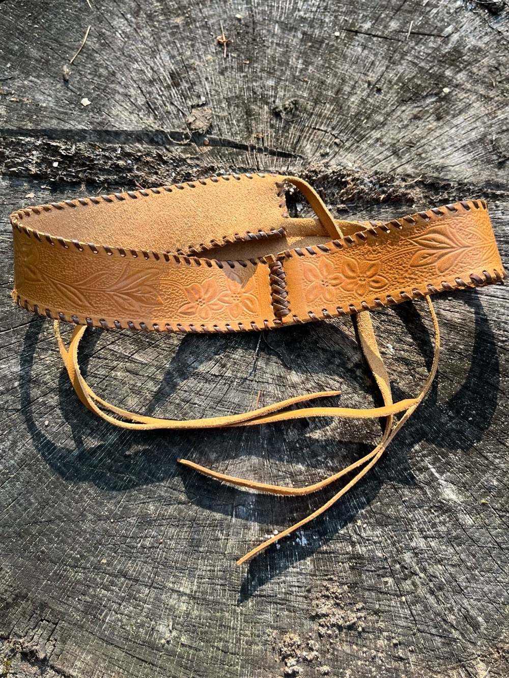 70s Handmade Tooled Genuine Leather Tie Belt Floral Fairy Boho Ren Faire
